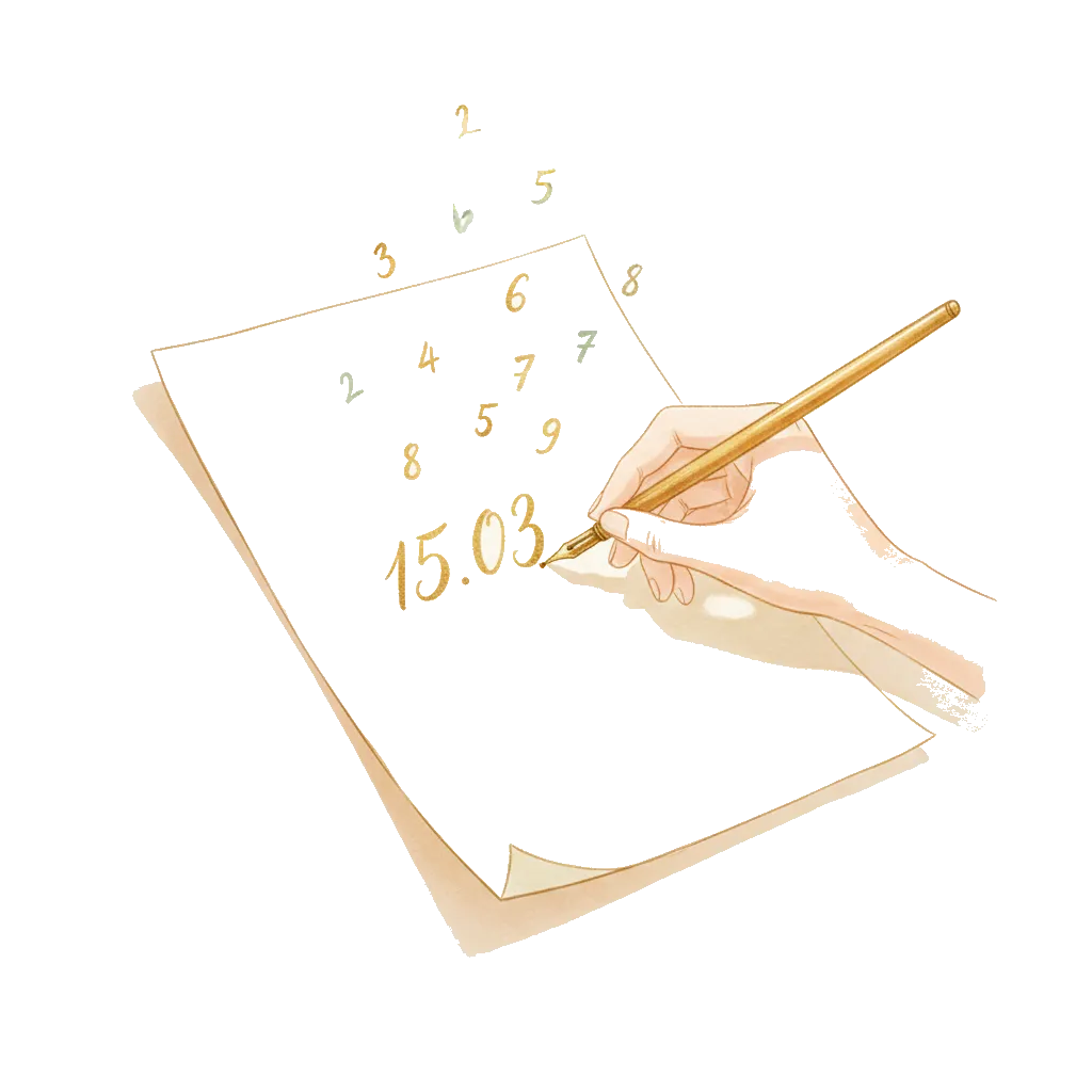 Ilustracja daty urodzenia zapisywanej złotym piórem